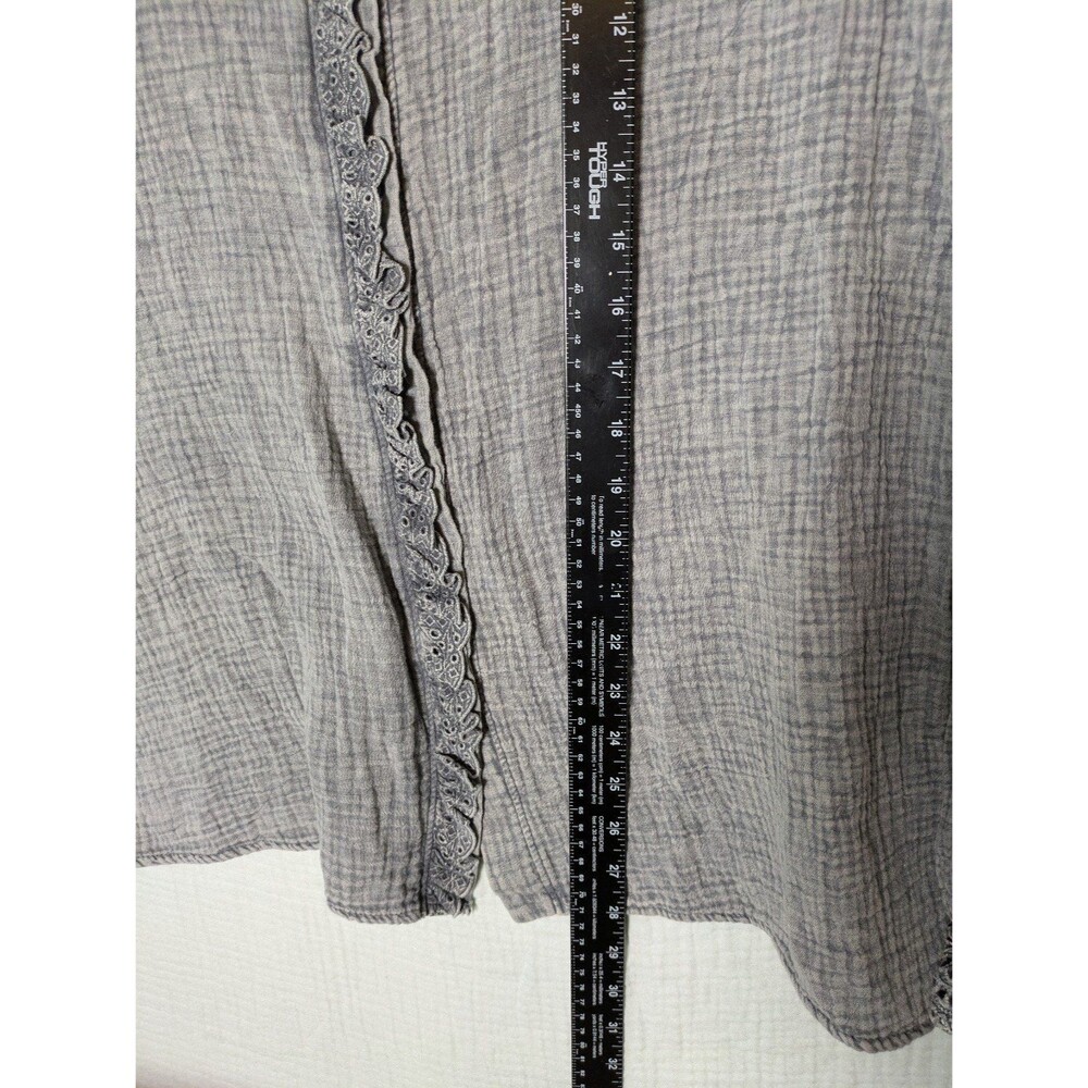 Grey Gauze Waffle Button up Eyelet Lace Ruffle Long Sleeve Women's Shirt Small - Picture 11 of 11